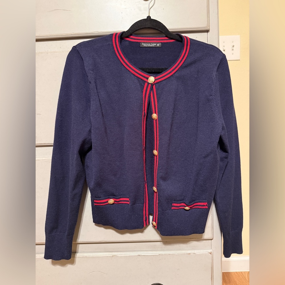 Navy Cardigan With Red Accents